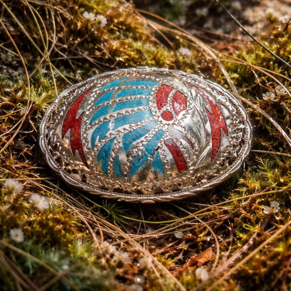 Vintage Native Style Belt Buckle  Turquoise & Red Inlay – Western Statement Pie